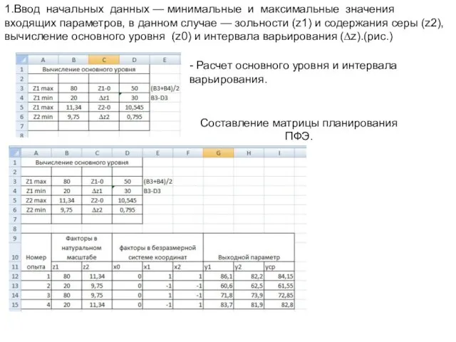 1.Ввод начальных данных — минимальные и максимальные значения входящих параметров, в