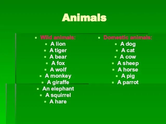 Animals Wild animals: A lion A tiger A bear A fox