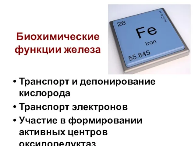 Биохимические функции железа Транспорт и депонирование кислорода Транспорт электронов Участие в формировании активных центров оксидоредуктаз