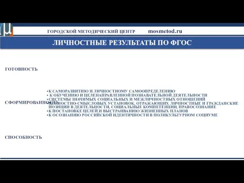 ГОРОДСКОЙ МЕТОДИЧЕСКИЙ ЦЕНТР mosmetod.ru ЛИЧНОСТНЫЕ РЕЗУЛЬТАТЫ ПО ФГОС К САМОРАЗВИТИЮ И