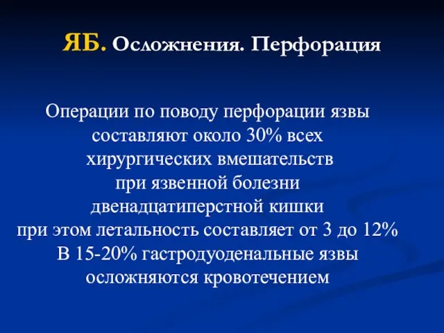 Операции по поводу перфорации язвы составляют около 30% всех хирургических вмешательств