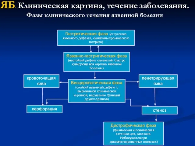 Гастритическая фаза (отсутствие язвенного дефекта, симптомы хронического гастрита) пенетрирующая язва ЯБ.