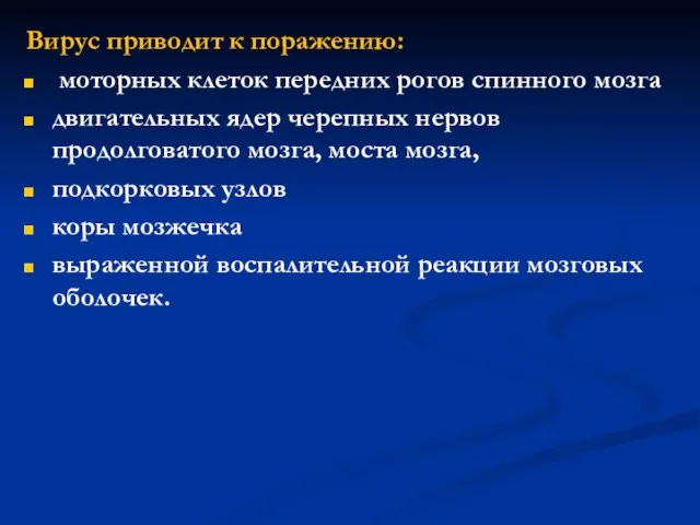 Вирус приводит к поражению: моторных клеток передних рогов спинного мозга двигательных