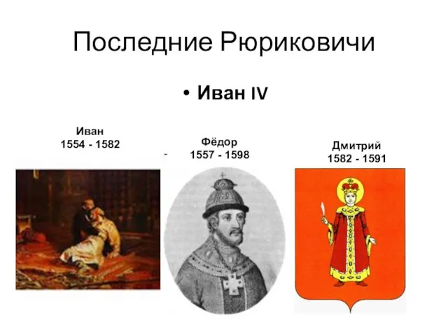Последние Рюриковичи Иван IV Иван 1554 - 1582 Фёдор 1557 - 1598 Дмитрий 1582 - 1591