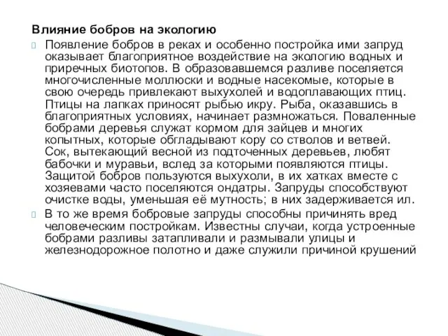 Влияние бобров на экологию Появление бобров в реках и особенно постройка