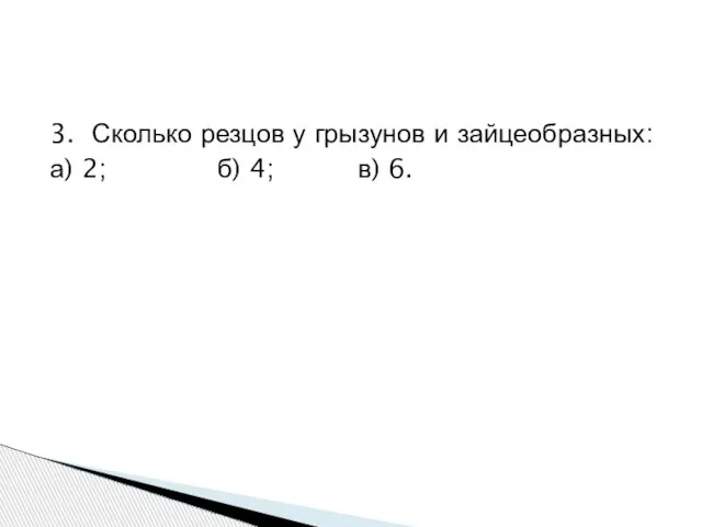 3. Сколько резцов у грызунов и зайцеобразных: а) 2; б) 4; в) 6.