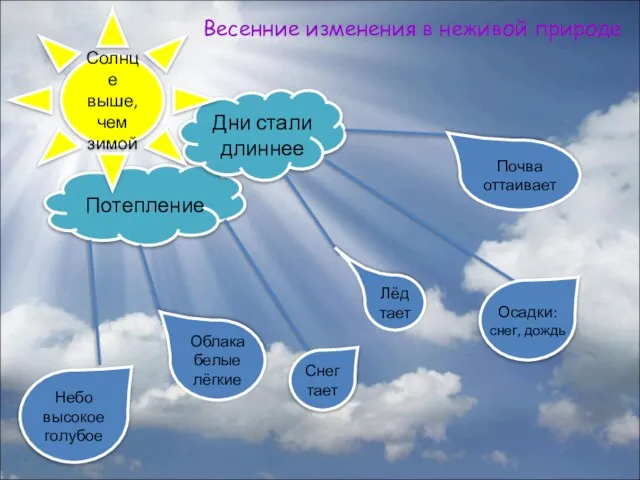 Потепление Дни стали длиннее Солнце выше, чем зимой Весенние изменения в