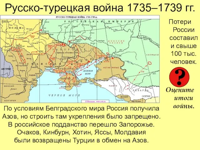 Русско-турецкая война 1735–1739 гг. Потери России составили свыше 100 тыс. человек.