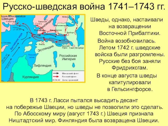 Русско-шведская война 1741–1743 гг. Шведы, однако, настаивали на возвращении Восточной Прибалтики.