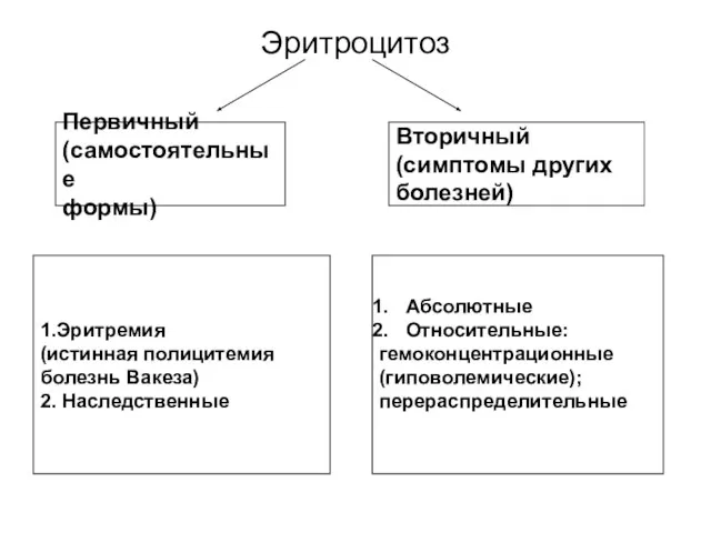 Эритроцитоз Первичный (самостоятельные формы) Вторичный (симптомы других болезней) 1.Эритремия (истинная полицитемия