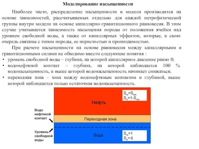 Моделирование насыщенности Наиболее часто, распределение насыщенности в модели производится на основе