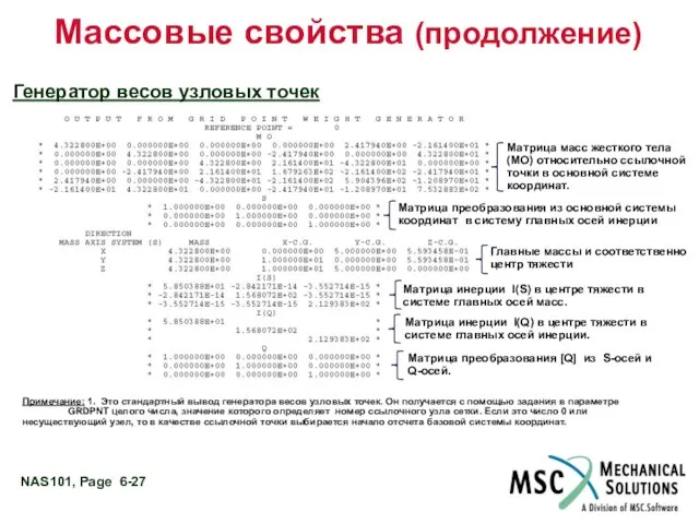 Массовые свойства (продолжение) Генератор весов узловых точек Матрица преобразования из основной