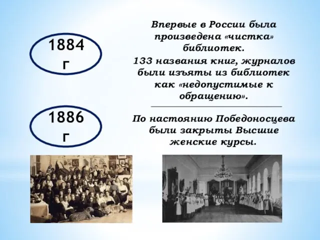 1884 г Впервые в России была произведена «чистка» библиотек. 133 названия