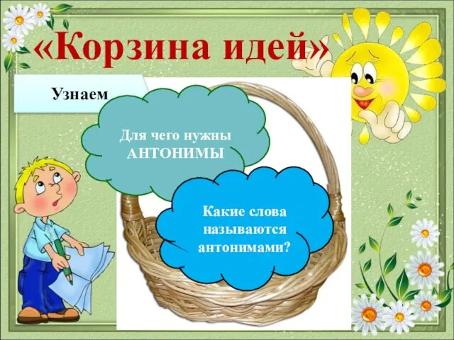 «Корзина идей» Узнаем Для чего нужны АНТОНИМЫ Какие слова называются антонимами?