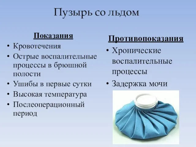 Пузырь со льдом Показания Кровотечения Острые воспалительные процессы в брюшной полости