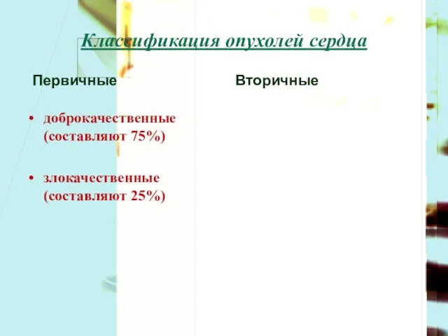 Классификация опухолей сердца Первичные доброкачественные (составляют 75%) злокачественные (составляют 25%) Вторичные