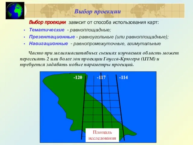 Выбор проекции зависит от способа использования карт: Тематические - равноплощадные; Презентационные