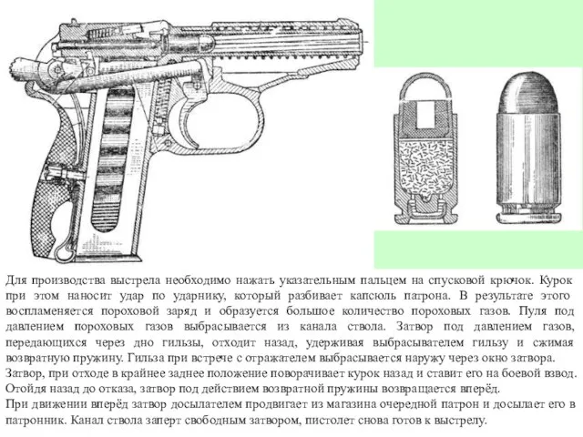 Для производства выстрела необходимо нажать указательным пальцем на спусковой крючок. Курок