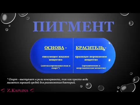 ПИГМЕНТ ОСНОВА - связующее жидкое вещество (дистиллированная вода и спирт*) КРАСИТЕЛЬ