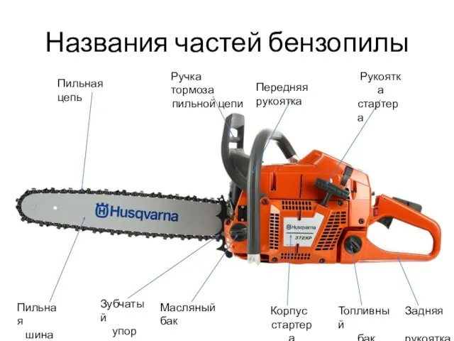 Названия частей бензопилы Рукоятка стартера Масляный бак Корпус стартера Топливный бак