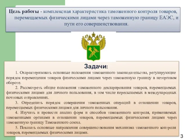 Цель работы - комплексная характеристика таможенного контроля товаров, перемещаемых физическими лицами