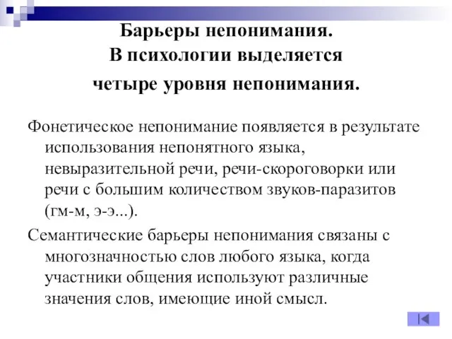 Барьеры непонимания. В психологии выделяется четыре уровня непонимания. Фонетическое непонимание появляется