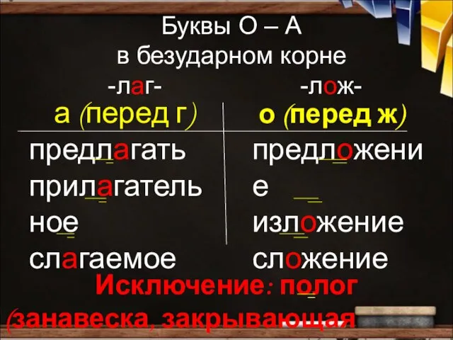 Буквы О – А в безударном корне -лаг- -лож- а (перед