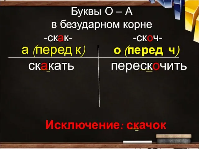 Буквы О – А в безударном корне -скак- -скоч- а (перед