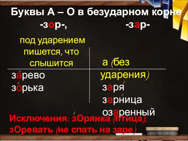 Буквы А – О в безударном корне -зор-, -зар- под ударением