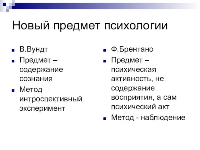 Новый предмет психологии В.Вундт Предмет – содержание сознания Метод – интроспективный