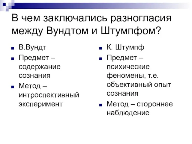 В чем заключались разногласия между Вундтом и Штумпфом? В.Вундт Предмет –