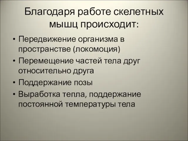 Благодаря работе скелетных мышц происходит: Передвижение организма в пространстве (локомоция) Перемещение