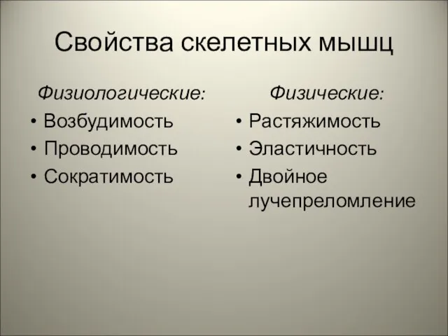 Свойства скелетных мышц Физиологические: Возбудимость Проводимость Сократимость Физические: Растяжимость Эластичность Двойное лучепреломление