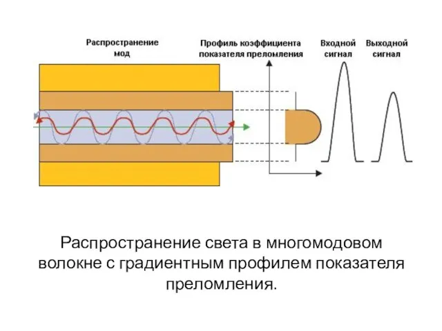 Распространение света в многомодовом волокне с градиентным профилем показателя преломления.