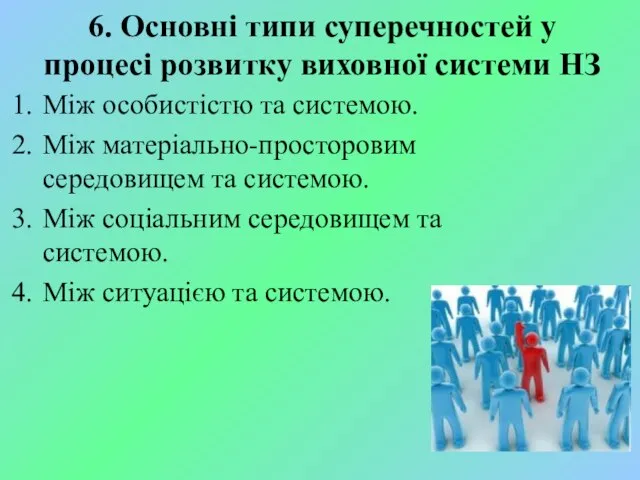 6. Основні типи суперечностей у процесі розвитку виховної системи НЗ Між