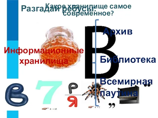 Разгадай ребусы: Архив Библиотека Всемирная паутина Информационные хранилища Какое хранилище самое современное?