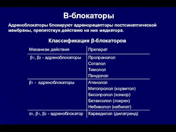 Классификация β-блокаторов Β-блокаторы Адреноблокаторы блокируют адренорецепторы постсинаптической мембраны, препятствуя действию на них медиатора.