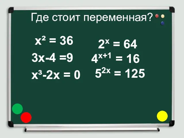 Где стоит переменная? x² = 36 3x-4 =9 x³-2х = 0