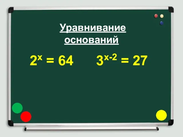 Уравнивание оснований 2х = 64 3х-2 = 27