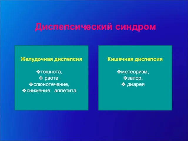 Диспепсический синдром Желудочная диспепсия тошнота, рвота, слюнотечение, снижение аппетита Кишечная диспепсия метеоризм, запор, диарея