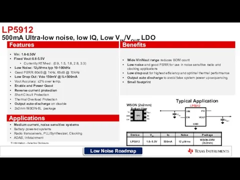 LP5912 500mA Ultra-low noise, low IQ, Low VIN/VOUT LDO WSON (2x2mm)