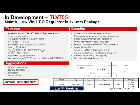 In Development – TLV755: 500mA, Low Vin, LDO Regulator in 1x1mm