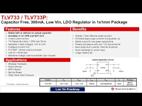 TLV733 / TLV733P: Capacitor Free, 300mA, Low Vin, LDO Regulator in