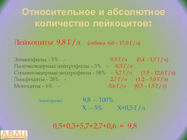 Относительное и абсолютное количество лейкоцитов: Лейкоциты 9,8 Г/л (собака 6,0 –