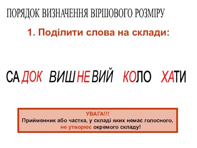 1. Поділити слова на склади: ПОРЯДОК ВИЗНАЧЕННЯ ВІРШОВОГО РОЗМІРУ СА ДОК