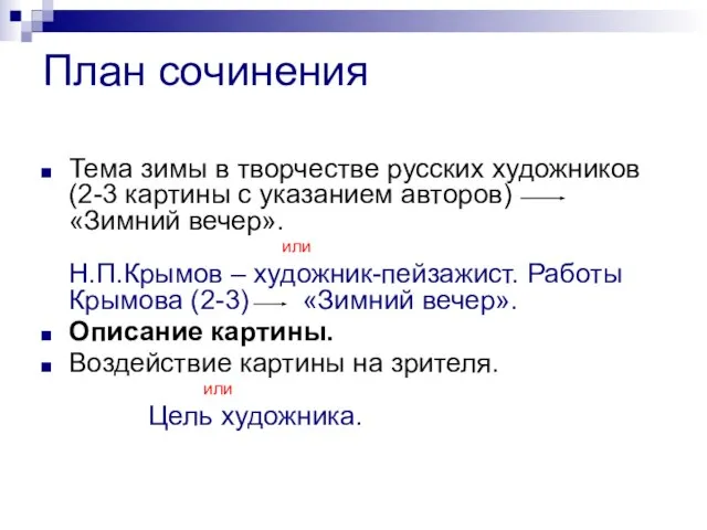 План сочинения Тема зимы в творчестве русских художников (2-3 картины с