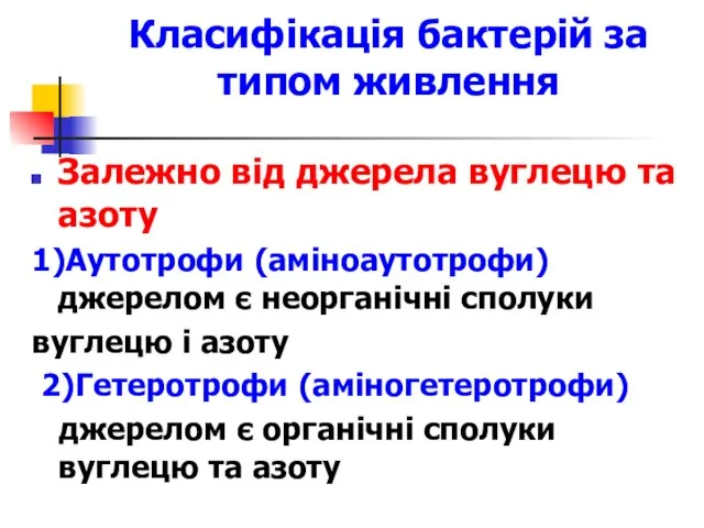 Класифікація бактерій за типом живлення Залежно від джерела вуглецю та азоту