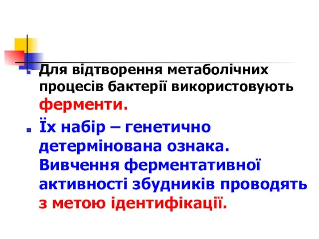 Для відтворення метаболічних процесів бактерії використовують ферменти. Їх набір – генетично