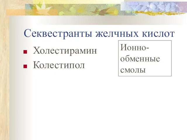 Секвестранты желчных кислот Холестирамин Колестипол Ионно-обменные смолы