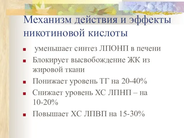 Механизм действия и эффекты никотиновой кислоты уменьшает синтез ЛПОНП в печени